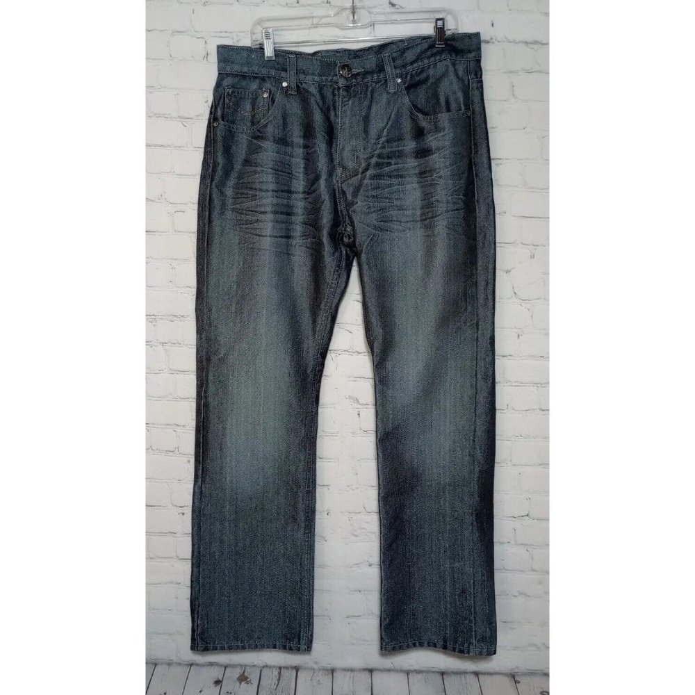 SACRED CULT Men’s Jeans Sz 34x32 Whiskered Embroidered Metallic Straight Leg VGC